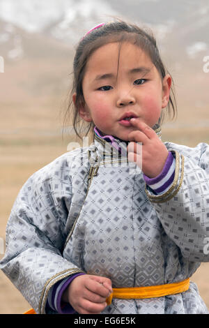 Ritratto di una ragazza mongola, vicino a Ulaan Baatar, Mongolia Foto Stock