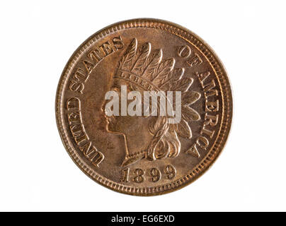 Stati Uniti d'America Indian Head una moneta da un centesimo isolati su sfondo bianco. Coin è di grado di menta condizione di stato Foto Stock