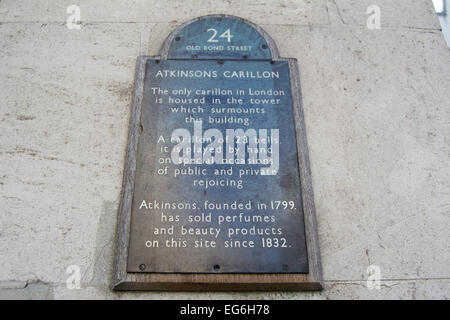 Placca a muro marcatura atkinsons carillon, Old Bond street a Londra, Inghilterra Foto Stock