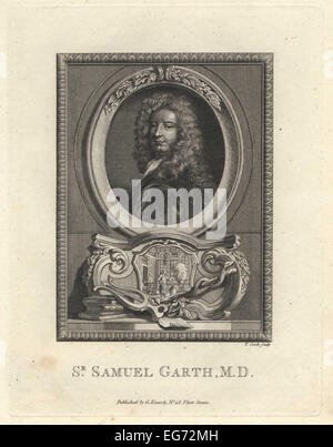 Ritratto di Sir Samuel Garth, medico inglese e poeta, 1661-1719. Vignette di uno scienziato in un laboratorio. Foto Stock