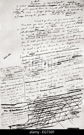 Da una pagina del manoscritto di Madame Bovary di Gustave Flaubert la scrittura. Foto Stock