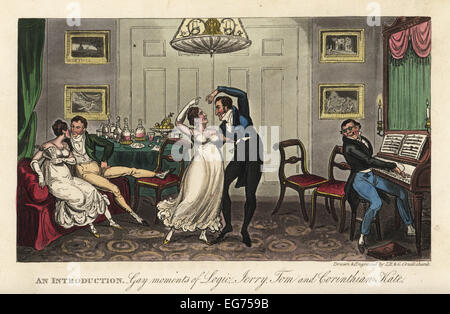 Inglese dandy georgiano e belle ballando un valzer mentre un uomo suona il pianoforte in un salotto. Introduzione: Gay momenti di logica, Jerry, Tom e Kate corinzio. Foto Stock