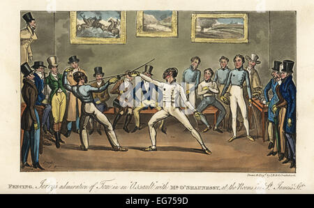 Inglese dandies nel lato-abbottonato giacche di scherma, guanti e maschere in una scuola di scherma, 1820. Foto Stock