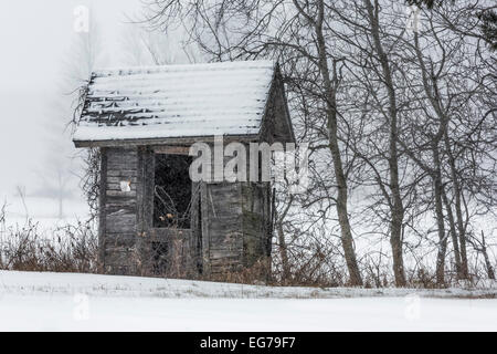 La caduta della neve intorno weathered piccolo edificio, forse una dipendenza con una vista su una fattoria nel centro di Michigan, Stati Uniti d'America Foto Stock