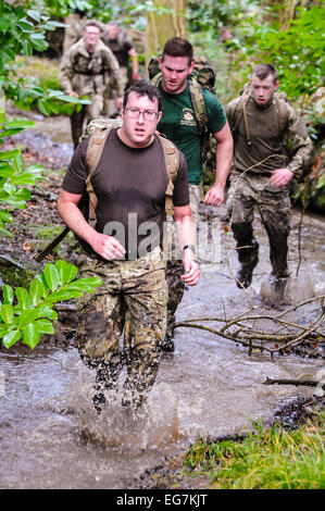 Bangor, Irlanda del Nord. 18 Febbraio, 2015. Soldati eseguito attraverso un fiume durante un cross-country esercizio. Credito: Stephen Barnes/Alamy Live News Foto Stock