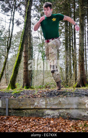 Bangor, Irlanda del Nord. 18 Febbraio, 2015. Un soldato salta un ostacolo durante un cross country esercizio di formazione. Credito: Stephen Barnes/Alamy Live News Foto Stock