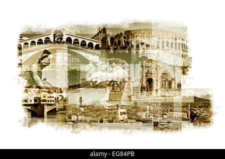 Esposizioni multiple di diversi monumenti italiani come il Ponte di Rialto di Venezia, il Colosseo a Roma o il Ponte Vecchio Foto Stock