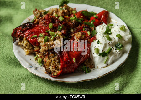 Prodotti alimentari - peperoni ripieni con riso e carne macinata - sfondo verde Foto Stock