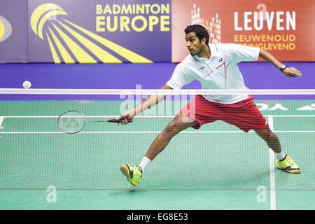 LEUVEN, Belgio, 14/02/2015. Badminton player Rajiv Ouseph (Inghilterra, nella foto) batte Vladimir Malkov (Russia) nelle semifinali del misto europeo Campionati del Team in Leuven, 2015. Foto Stock