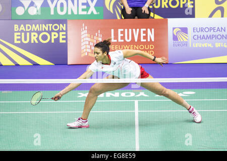 LEUVEN, Belgio, 14/02/2015. Badminton player Fonatine Mica Champman (Inghilterra, nella foto) battiti Ksenia Polikarpova (Russia) nelle semifinali del misto europeo Campionati del Team in Leuven, 2015. Foto Stock