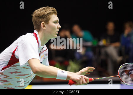 LEUVEN, Belgio, 14/02/2015. Badminton player Viktor Axlsen (Danimarca, nella foto) battiti Dieter Domke della Germania nelle semifinali del misto europeo Campionati del Team in Leuven, 2015. Foto Stock