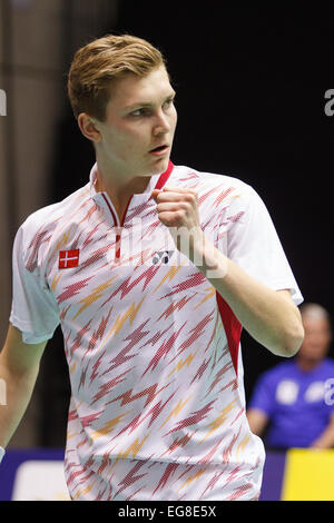 LEUVEN, Belgio, 14/02/2015. Badminton player Viktor Axlsen (Danimarca, nella foto) celebra dopo aver battuto Dieter Domke della Germania nelle semifinali del misto europeo Campionati del Team in Leuven, 2015. Foto Stock