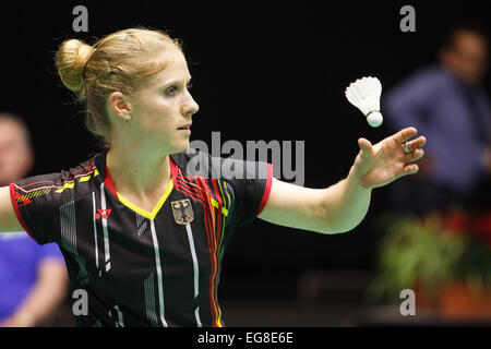 LEUVEN, Belgio, 14/02/2015. Badminton player Karin Schnaase (Germania, nella foto) batte Anna Thea Madsen (Danimarca) nelle semifinali del misto europeo Campionati del Team in Leuven, 2015. Foto Stock