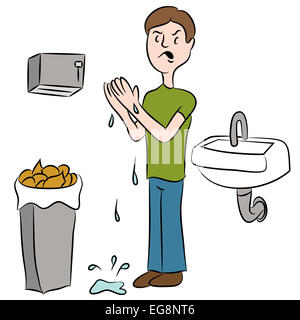 Un'immagine di un uomo che cerca di asciugare il suo bagnare le mani in un bagno. Foto Stock