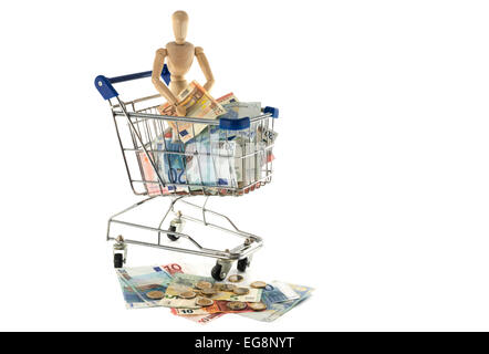 In metallo blu auto shopping riempito con fantoccio giocare con denaro euro paper Foto Stock
