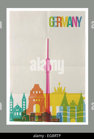 Viaggi Germania famosi punti di riferimento dello skyline di vintage sul foglio di carta per poster background design. Vector organizzati in strati per un facile cre Foto Stock