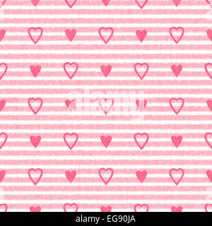A strisce bianche e rosa grunge polka dot pattern con cuori, un background senza giunture Foto Stock