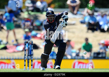 Nelson, Nuova Zelanda. 19 Feb, 2015. Krishna Chandran da Emirati Arabi Uniti durante il 2015 ICC Cricket World Cup match tra lo Zimbabwe e Emirati Arabi Uniti. Saxton ovale, Nelson, Nuova Zelanda. Credito: Azione Sport Plus/Alamy Live News Foto Stock