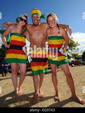 Nelson, Nuova Zelanda. 19 Feb, 2015. Ventilatori in costume durante il 2015 ICC Cricket World Cup match tra lo Zimbabwe e Emirati Arabi Uniti. Saxton ovale, Nelson, Nuova Zelanda. Credito: Azione Sport Plus/Alamy Live News Foto Stock