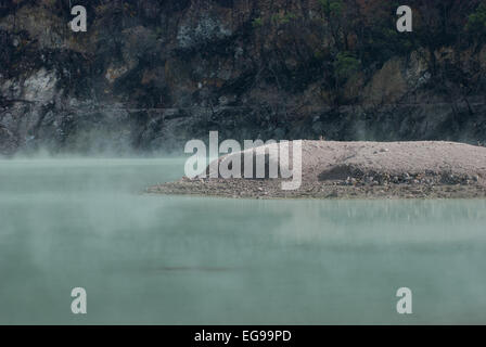 Lago cratere del Monte Patuha, che è popolarmente noto come Kawah Putih (cratere bianco) in Ciwidey, Bandung, Giava occidentale, Indonesia. Foto Stock