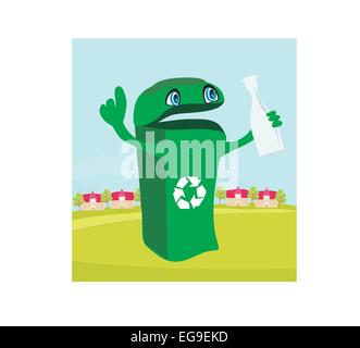 Funny recycling bin contiene una bottiglia di vetro Illustrazione Vettoriale