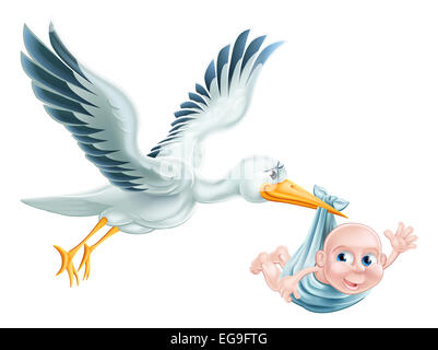 Una illustrazione di un flying cartoon stork offrendo un neonato. La metafora del classico per la gravidanza o il parto Foto Stock