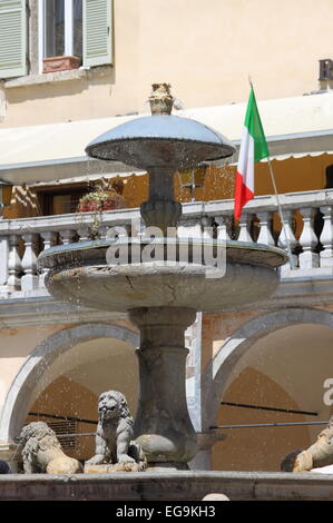 Lion fontana nella piazza principale della città di Assisi, Italia Foto Stock