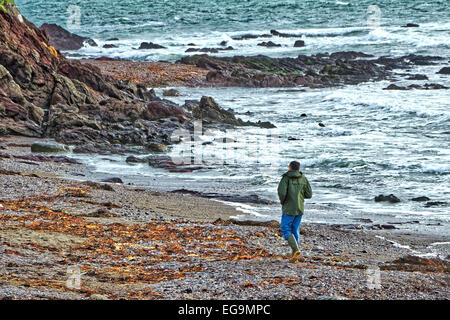 Uomo a camminare lungo una spiaggia di ciottoli con la bassa marea durante un inverno freddo del giorno Foto Stock