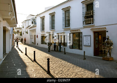 Tipica strada villaggio bianco di Malaga Mijas Costa del Sol Andalucía Spagna calle tipica en el pueblo blanco de Mijas malaga Foto Stock