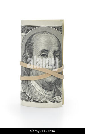 Mazzetto di centinaia di fatture del dollaro legata con rubberband Foto Stock