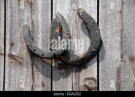 Due vecchi Ferri da cavallo inchiodato sulla porta di legno Foto Stock