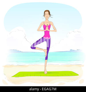 Donna in piedi yoga in posizione del loto occhi chiusi rilassarsi facendo esercizi Foto Stock
