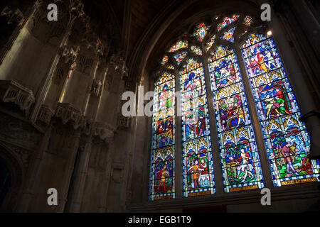 Gli interni della Cattedrale di Ely, dettaglio della finestra di vetro colorato - Ely, Cambrideshire, Inghilterra Foto Stock