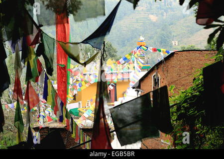 La preghiera buddista bandiere sventolano al vento nella foresta sul lato posteriore del Khenchen Thrangu Rinpoche fondata T.T.Y.monastero Foto Stock