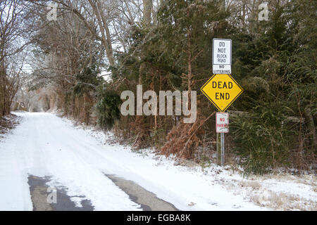 Nevoso strada boschiva con dead end segno davanti all'entrata. Foto Stock