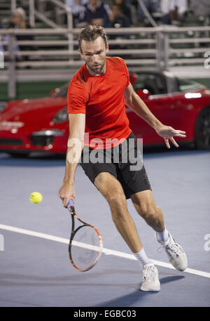 Delray Beach, FL, Stati Uniti d'America. Il 21 febbraio, 2015. Delray Beach, FL - 21 febbraio: Ivo Karlovic(CRO) in azione qui prende il primo set contro Adrian Mannarino(FRA) 63 al 2015 Delray Beach Open del veneziano di Las Vegas. Fotografo Andrea, Patrono. © Andrew patrono/ZUMA filo/Alamy Live News Foto Stock