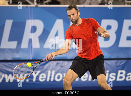 Delray Beach, FL, Stati Uniti d'America. Il 21 febbraio, 2015. Delray Beach, FL - 21 febbraio: Ivo Karlovic(CRO) in azione qui prende il primo set contro Adrian Mannarino(FRA) 63 al 2015 Delray Beach Open del veneziano di Las Vegas. Fotografo Andrea, Patrono. © Andrew patrono/ZUMA filo/Alamy Live News Foto Stock