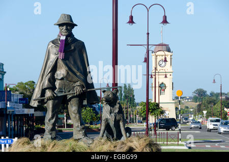 Statua di bronzo di drover e cane, Feilding, Isola del nord, Nuova Zelanda Foto Stock