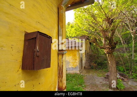 Rusty mailbox su una vecchia casa gialla nella foresta Foto Stock