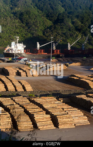 Registri su Wharf, in attesa di caricamento sulla nave, Picton Marlborough, South Island, in Nuova Zelanda. Foto Stock