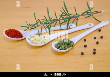 Cucchiai riempito con spezie con rosmarino e pepe, Foto Stock