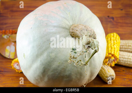 Un enorme campo da squash e di mais essiccato su un tavolo di legno Foto Stock