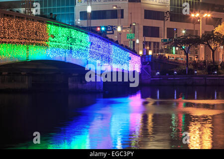 Kaohsiung, Taiwan. Il 22 febbraio, 2015. La gente che camminava sul ponte mediante il fiume dell'amore di Kaohsiung durante i festeggiamenti per il capodanno cinese. Il Capodanno cinese è un importante festival cinese ha celebrato presso la volta del calendario cinese. In Cina, è anche noto come il Festival di Primavera, la traduzione letterale del moderno nome cinese. Credito: Fabio Nodari/Alamy Live News Foto Stock