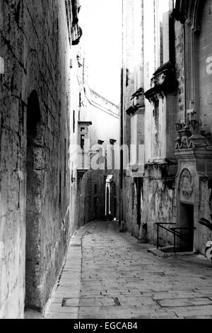 Le case e le aziende nella città silenziosa di Mdina Malta in bianco e nero Foto Stock