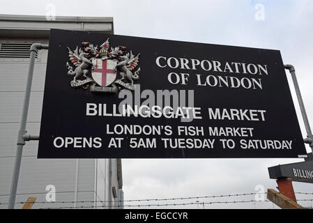 Segno al Mercato del Pesce di Billingsgate, Londra Foto Stock