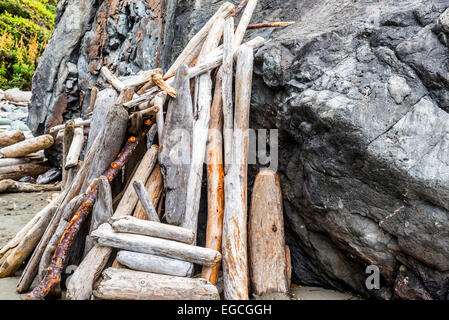 Driftwood giace contro una roccia sulla spiaggia di nascosto. Nord del litorale della California, Stati Uniti. Foto Stock