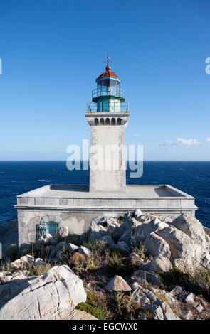 Akrotiri Tenaro faro del punto più meridionale del Peloponneso e di Capo Matapan o capo Tenaro, Mani Peninsula Foto Stock