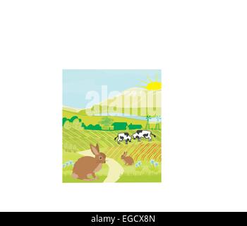 Le mucche e coniglietti nel prato verde Illustrazione Vettoriale