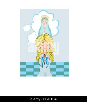 Carino bambina in preghiera alla Beata Vergine Maria Illustrazione Vettoriale