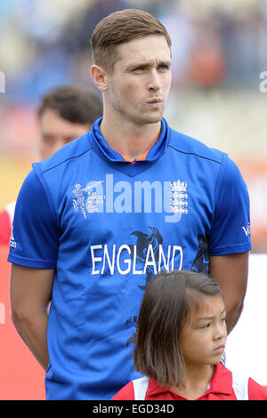 Christchurch, Nuova Zelanda. Il 23 febbraio, 2015. Christchurch, Nuova Zelanda - 23 Febbraio 2015 - Chris Woakes di Inghilterra durante la ICC Cricket World Cup Match tra Inghilterra e Scozia a Hagley ovale sul Febbraio 23, 2015 a Christchurch, Nuova Zelanda. Credito: dpa/Alamy Live News Foto Stock